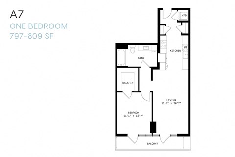 Floor plan for 1 bed, 1 bath, 797 sqft